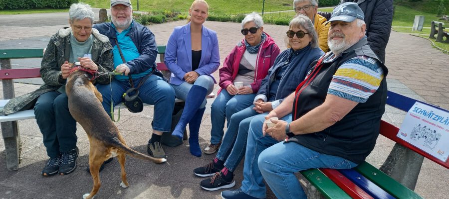 Mehrere Menschen sitzen auf Bänken